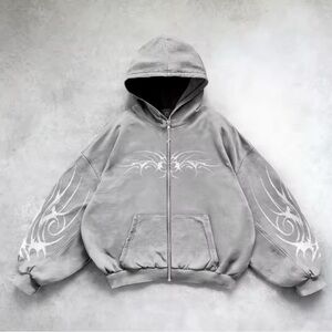 Gray Hoodie with White Tribal Design